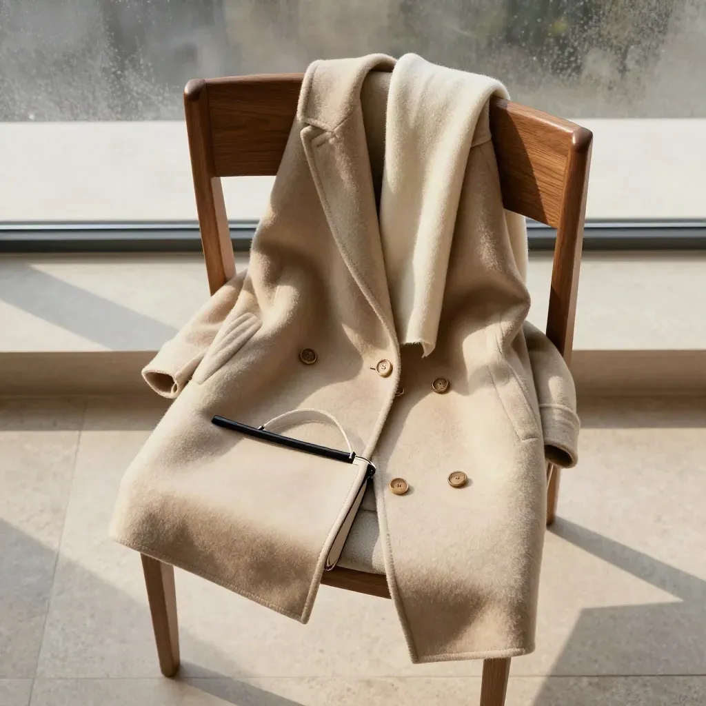 Cappotto beige in lana su sedia di legno con sciarpa chiara e borsa crema, vista dall’alto.