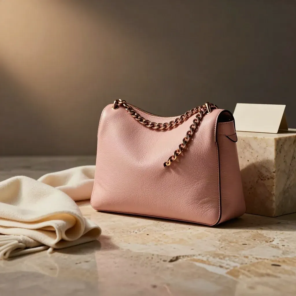 Borsa a spalla rosa in finta pelle accanto a marmo e sciarpa chiara, luce morbida.