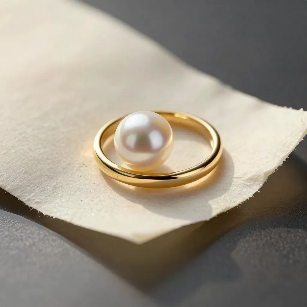 Anello con perla su carta di riso e vetro satinato, macro dall’alto con riflesso dorato.
